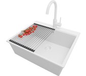 Primagran fregadero granito todo blanco 58x50cm, fregadero cocina 1 seno + sifón + accesorios, fregadero sobre encimera al mueble 60cm - oslo