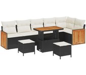 Conjunto de sofá de jardín de 9 piezas con cojines negro poliratán acacia, sofá de jardín de 2 plazas con cojines negro poliratán, conjunto de comedor