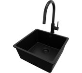 Primagran fregadero bajo encimera todo negro 46x44cm, fregadero granito 1 seno + sifón + accesorios, fregadero cocina al mueble 50cm - venecia easy