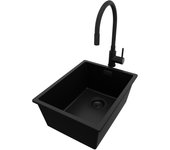 Primagran fregadero bajo encimera todo negro 36x47cm, fregadero granito 1 seno + grifo 40x13cm + sifón, fregadero cocina al mueble 40cm - london