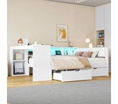 Cama 140x200 cm con escritorio, librería y 2 cajones - leds y toma de carga - mdf y contrachapado - blanco (sin colchón)
