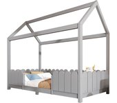 Cama individual casita de madera 90 x 200 cm con protección contra caídas y somier, gris, sin colchón