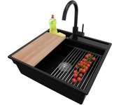 Primagran fregadero granito negro 58x53cm, fregadero cocina 1 seno + sifón + accesorios, fregadero sobre encimera al mueble 60cm - oslo pocket