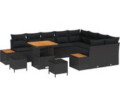 Conjunto de sofá de jardín de 12 piezas con cojines negro poliratán acacia, conjunto de comedor de jardín de 3 piezas con cojines negro poliratán acac