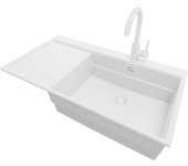 Primagran fregadero granito todo blanco 90x50cm, cocina 1 seno + grifo 32x20cm + sifón, sobre encimera al mueble 60cm - sydney