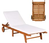 Tumbona plegable de madera ergonómica con respaldo ajustable en 6 posiciones, cojín extraíble, ruedas, carga 160kg, 195x68x30–90 cm