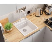 Primagran fregadero cocina blanco 43x53cm, fregadero granito 1 seno + sifón + accesorios, fregadero sobre encimera al mueble 45cm - oslo pocket