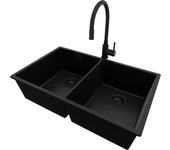 Primagran fregadero bajo encimera todo negro 76x47cm, fregadero granito 2 senos + sifón + accesorios, fregadero cocina al mueble 80cm - london twin