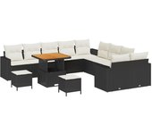 Conjunto de sofá de jardín de 13 piezas con cojines negro poliratán acacia, conjunto de comedor de jardín de 3 piezas con cojines negro poliratán acac