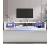 Mueble tv de alto brillo con luz led, 181cm, para televisores hasta 80 pulgadas, frente de cristal y dos cajones abatibles