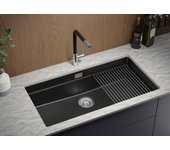 Primagran fregadero bajo encimera negro 86x47cm, fregadero cocina 1 seno + sifón + enrollable escurridor, fregadero granito al mueble 90cm - prague