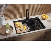 Primagran fregadero cocina negro metallic 78x53cm, fregadero granito 1 seno + sifón + accesorios, fregadero sobre encimera al mueble 80cm - oslo max