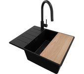 Primagran fregadero granito todo negro 62x50cm, fregadero cocina 1 seno + sifón + accesorios, fregadero sobre encimera al mueble 50cm - copenhague