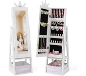 Armario para joyas de niños con espejo de cuerpo completo, organizador de pie para joyas con cajón plegable, kit antivuelco, mueble de princesas para