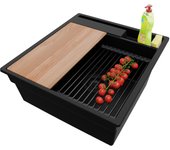 Primagran fregadero cocina todo negro 48x53cm, fregadero granito 1 seno + sifón + accesorios, fregadero sobre encimera al mueble 50cm - oslo pocket