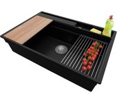 Primagran fregadero cocina negro 78x53cm, fregadero granito 1 seno + sifón + accesorios, fregadero sobre encimera al mueble 80cm - oslo pocket