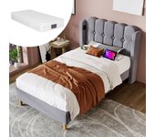 Cama individual tapizada gris 90 x 200 cm con función de carga usb tipo c, material de lino, somier de láminas (con colchón)