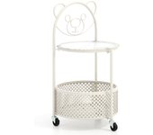 Mesa auxiliar redonda de 2 niveles, 71 cm, mesa auxiliar móvil con tablero de vidrio templado, cesta de metal, 3 ruedas (blanco)