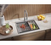 Primagran fregadero cocina gris 58x50cm, fregadero granito 1 seno + sifón + enrollable escurridor, fregadero sobre encimera al mueble 60cm - oslo