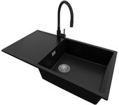 Primagran fregadero granito negro 90x50cm, fregadero cocina 1 seno + grifo 40x13cm + sifón, fregadero sobre encimera al mueble 60cm - ibiza
