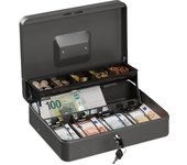 Relaxdays caja dinero con llave, bandeja monedas y 4 compartimentos billetes, cajita hierro, 8,5x30,5x24,5 cm, gris
