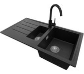 Primagran fregadero granito negro metallic 90x50cm, fregadero cocina 1,5 senos + sifón + accesorios, fregadero sobre encimera al mueble 60cm