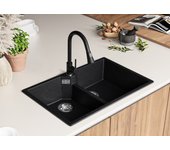 Primagran fregadero cocina grafito 78x50cm, fregadero granito 2 senos + sifón, fregadero sobre encimera al mueble 80cm - madrid twin