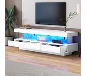 Mueble de tv blanco de alto brillo de 160*38*50,5 cm con 3 compartimentos de vidrio, iluminación led, control por aplicación, conexión bluetooth, para