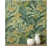 Papel pintado vinílico de hojas étnicas fondo verde con texturas estilo tropical - aruba palm 682001 de gaulan - rollo de 10 m x 0,52 m