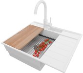 Primagran fregadero granito blanco 62x53cm, fregadero cocina 1 seno + sifón + accesorios, fregadero sobre encimera al mueble 45cm - sydney pocket
