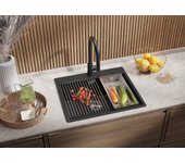 Primagran fregadero cocina grafito 58x50cm, fregadero granito 1 seno + sifón + enrollable escurridor, fregadero sobre encimera al mueble 60cm - oslo