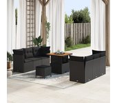 Conjunto de sofá de jardín de 9 piezas con cojines negro poliratán acacia, conjunto de comedor de jardín de 3 piezas con cojines negro poliratán acaci