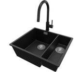 Primagran fregadero granito negro metallic 56x47cm, fregadero cocina 1,5 senos + sifón + accesorios, fregadero sobre encimera al mueble 60cm