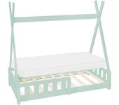 Ml-design cama infantil tipi 70 x 140 cm color menta con colchón de espuma fría y somier estructura de listones con techo forma de tienda