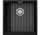 Primagran fregadero cocina negro metallic 46x47cm, fregadero granito 1 seno + sifón + accesorios, fregadero sobre encimera al mueble 50cm