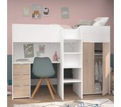 Cama combinada para niños en altillo decoración blanco y roble somier incluido 90 x 200 cm