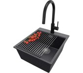 Primagran fregadero granito grafito 43x50cm, fregadero cocina 1 seno + sifón + accesorios, fregadero sobre encimera al mueble 45cm - oslo