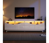 Mueble de tv curvo, blanco, alto brillo, puerta de cristal templado, iluminación led, adecuado como mueble de entretenimiento, dormitorio, salón, 175