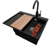Primagran fregadero granito negro 62x50cm, fregadero cocina 1 seno + sifón + accesorios, fregadero sobre encimera al mueble 45cm - sydney