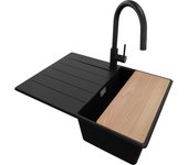 Primagran fregadero granito negro 70x50cm, fregadero cocina 1 seno + sifón + accesorios, fregadero sobre encimera al mueble 40cm - copenhague