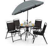 Juego de 6 piezas para salón de jardín con 4 sillas plegables de textileno, mesa baja de cristal templado y sombrilla, terraza hasta 150 kg