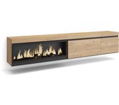 Mueble tv, televisión, 237x35x45cm, para tv gran formato, chimenea eléctrica xxl, colgado, suspendido, roble