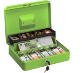 Relaxdays caja dinero con llave, bandeja monedas y 4 espacios billetes, cajita hierro, 8,5x30,5x24,5 cm, verde