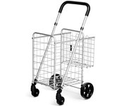 Carro de la compra plegable portátil multiusos 48l+10l, con ruedas universales y 2 cestas, asa ajustable de 89-96 cm, carga 20kg, plateado
