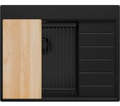 Primagran fregadero cocina todo negro 62x50cm, fregadero granito 1 seno + sifón + accesorios, fregadero sobre encimera al mueble 45cm - sydney
