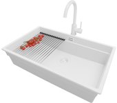 Primagran fregadero granito todo blanco 76x47cm, fregadero cocina 1 seno + sifón + accesorios, fregadero sobre encimera al mueble 80cm - prague slim