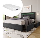 Estructura de cama con iluminación led y 2 cajones, incluye colchón, cama individual tapizada 90x200cm, cabecero regulable