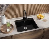 Primagran fregadero cocina negro metallic 58x50cm, fregadero granito 1 seno + sifón, fregadero sobre encimera al mueble 60cm - riga
