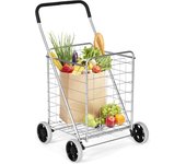 Carro de la compra plegable multiusos 83l, carrito compra portátil con 4 ruedas y 2 cestas, asa acolchada, carga máxima 45kg, 57×58×91 cm, plateado