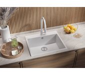 Primagran fregadero cocina blanco 58x50cm, fregadero granito 1 seno + sifón, fregadero sobre encimera al mueble 60cm - riga